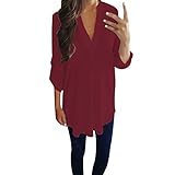Bluse Damen Casual Einfarbig Chiffon Langarm V-Ausschnitt Übergröße Shirt T-Shirt Tunika Lose Langshirt Oberteil Tops Beiläufig Hemd
