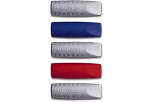 Faber-Castell Grip 2001, Pack of 5 Eraser Rubber Pencil Caps in Grey, Red, Blue (3 Silver, 1 Red, 1 Blue)