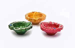 Hand Painted Clay Leaf Design Diya Diwali 3pcs