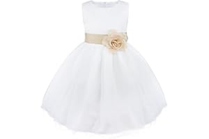 YiZYiF Robe Princesse Fille Blanche Robe Soirée Mariage Cérémonie Col Rond Satin Robe Demoiselle d'honneur avec Ceinture Noeud Papillon 2-14 Ans