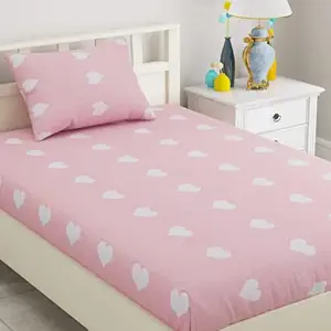 haus & kinder Candy Stripes Cotton Single Bedsheet for Kids Room (Hearts Pink)