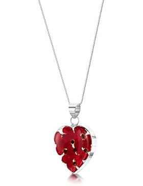 Silberschmuck mit echten Blumen: Kette, Anhänger - rote Mohnblüten - Herz - mit 45cm Silberkette