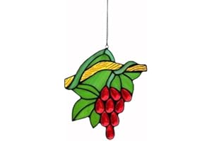 KARHUIMOYI Green Leaves and red Grapes Stained Glass Window Panels,Tiffany Style Handmade Sun Catcher Decoration