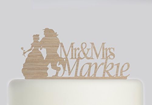 Bride and Groom, Mr and Mrs Beauty and The Beast themed Wooden Wedding Cake Topper Rustic Design Personalised cake topper. Personalised with your surname. Available in Beech or Oak Veneer