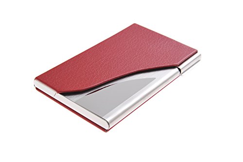 Tarjetero/Estuche para tarjetas de visita, hecho de acero inoxidable de alta calidad y cuero, para 19-21 tarjetas, de rojo, 398-02 (DE)