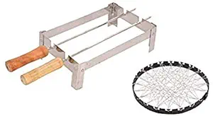 Toxham Portable Folding Outdoor Barbeque Charcoal & Gas BBQ Grill Oven GI Steel + 2 Nos of BBQ Still Needles with Wooden Handle(Kitchen Tools/Chhota Tandoor Stand)