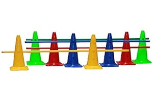 Boje Sport Lot de 4 Kits de haie (12 pièces en Tout): 8 cônes (à 8 Trous) 40 cm, 4 Jalons en Plastique 160 cm, Couleur: 1x Bleu, 1x Rouge, 1x Vert, 1x Jaune - 8X MZK40ybrg 4X 160ybrg