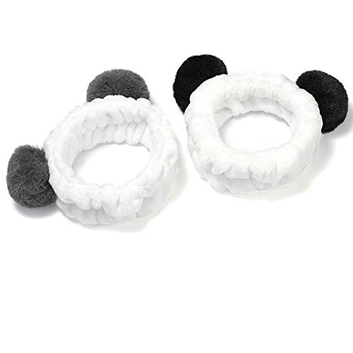 Co-link 2pcs Mignon Panda Oreille Bandeau Souple élastique Bande de Cheveux en Molleton de Corail avec des Pompons pour Dames de la Mode (Oreille Noire et Oreille Grise)