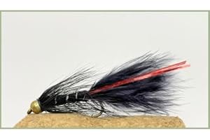 TROUTFLIES UK LURE FLIES 12 pack of Goldhead Black Red Flash Damsel Lures Fishing Flies. Size 10