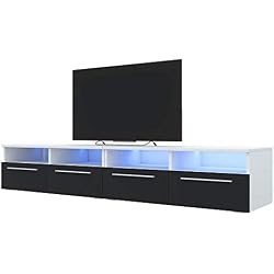 Siena Double - Meuble TV/Banc TV (200 cm, Blanc Mat/Noir Brillant avec LED)