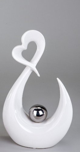 Moderne Herz Skulptur Deko Objekt aus Keramik weiß/silber Höhe 29 cm