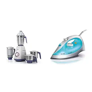 Philips Viva Collection HL7701/00 Mixer Grinder, 750 Watts, 4 Jars (Elegant Lavender and White) & GC1011 1200-Watt Steam Iron (Color May Vary)