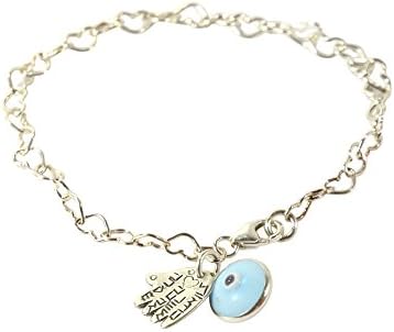 Mizze Made For Luck Jewelry Sterling Silver Hearts Bracelet With Hamsa Hand &amp; Evil Eye Charms