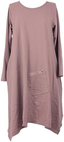 TEXTUREONLINE Texture Online Ladies Women Italian Lagenlook Quirky Long Sleeve Plain Zip Pocket Ribbed Panel Detail Cotton Midi Dress One Size Plus UK 14-18 (One Size, Dusty Pink)