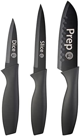 MasterChef Coltelli da Cucina, Set Coltello Chef per Carne & Verdure, Lama Affilato, Acciaio Inox, Prova di Calore, Manici Neri, Lavabile in Lavastoviglie, Professionali, 3 Pezzi Piccolo