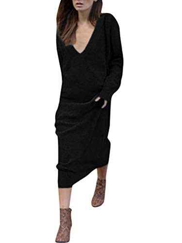 Minetom Femme Robe Col V Manches Longues Lâche Pullover Maxi Robe Élégant Solide Chemises Pull Chic Oversized Jumper Tricots Chandail Tops Gris Foncé 01 FR 42