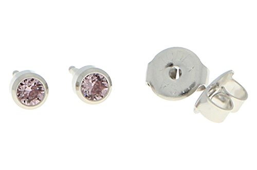 Orecchini per i primi buchi, in acciaio chirurgico, sterili, a lobo, con pietra, colore rosa chiaro