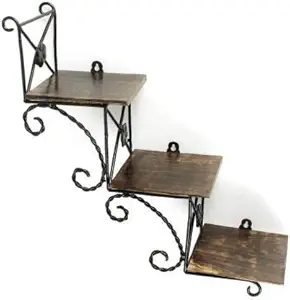 CB Enterprises Wooden and Wrought Iron Fancy Wall Hanging Shelf / Bracket - Wood Floating Display Racks Stand for Living Room and Bedroom Decor Colour -Black, Brown