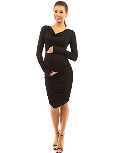 PattyBoutik Mama Cowl Neck Ruched Stretch Maternity Dress (Black 12)