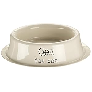 Premier Housewares Bowl 0.4 LTR Adore Pets 0.4 Litro Recipiente-Fat Cat, Gordo Gato, Acero Inoxidable, Blanco, 16x16x4 cm