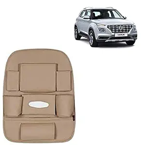 RD Universal PU Leather Car Auto Seat Back Organizer Multi Pocket Travel Storage Bag with Hangers, Tissue Paper and Bottle Holder-Beige Colour Compatible for Hyundai Venue