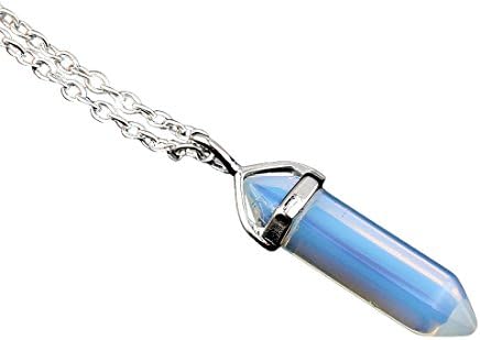 Natural Gemstone Necklace Silver Plated Hexagonal Pointed Reiki Chakra Quartz Crystal Pendant Necklace Chain 18 Inch (Sea opal)