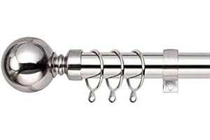 Home Harmony® Caprice Diamante 16-19mm Telescopic Extendable Metal Curtain Pole Set, Brushed Silver Black White (Plain Silver, 120-210 cms)