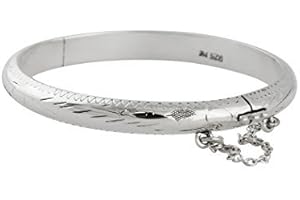 FASHIONJUNKIE4LIFE Sterling Silver Etched Bangle Bracelet with Chain for Baby or Toddler, 40mm diameter