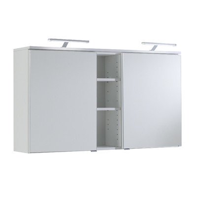 Held Möbel 021.1.0001 Mailand Spiegelschrank 120 x 66 x 20 cm, 2 Türen, 4 Einlegeböden, Regalteil, LED-Aufbauleuchte, weiß