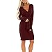 Price comparison product image HEHEMAUD Women Sexy Solid Long Sleeve V-Neck with Bandage Knitting Dress Wine XL
