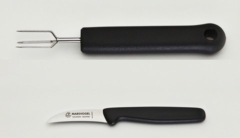 Pellkartoffel-Set, 2-tlg. Pellkartoffelgabel + Küchenmesser gebogen, rostfrei, Kunststoffgriff schwarz, Marsvogel Solingen