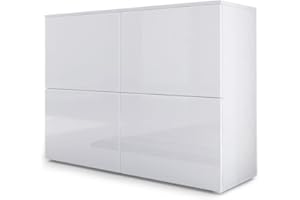 ‎VLADON Vladon Sideboard Rova, Made in Germany, Kommode mit 4 Türen, Weiß matt/Weiß Hochglanz/Weiß Hochglanz (92 x 72 x 35 cm)