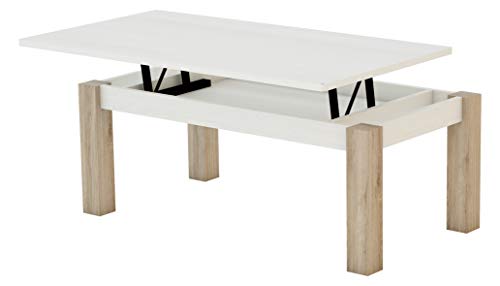KR Decor MZ444 Mesa de Centro elevable Rectangular, Madera, Blanco Artic/Roble, 100x50x42.2 cm