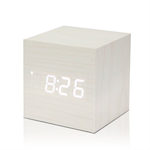 Reloj de madera cubo LED alarma digital escritorio reloj de control de voz temporizador termómetro calendario (Blanco (blanco llevado))