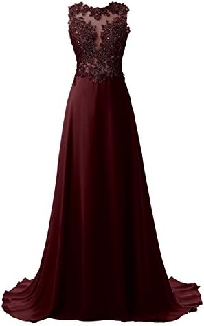 Callmelady Chiffon Long Prom Dresses For Women Evening Gowns UK With Lace Appliques (Dark Burgundy, UK6)