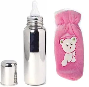 TRIKUTA Stainless Steel Baby Feeding Bottle for Milk and Drinks with Silicon Nipple with Cover, 240 ML for One Month Baby and Above, No Leakage No Plastic BPA Free Bottle._M1