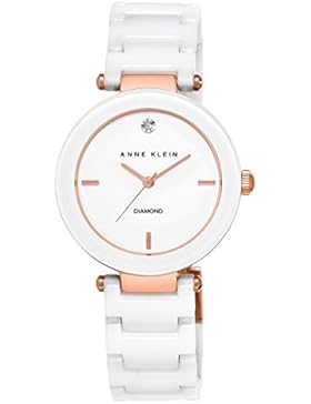 Anne Klein Damen-Armbanduhr Diamant 35mm Armband Keramik Weiß Gehäuse Metall Quarz Analog AK/1018RGWT