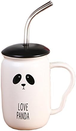 ArtSu Lovely Handmade Ceramic Mug, Lid &amp; Straw Set, Coffee, Tea &amp; Water Cup, Panda, 380 mL / 13 oz