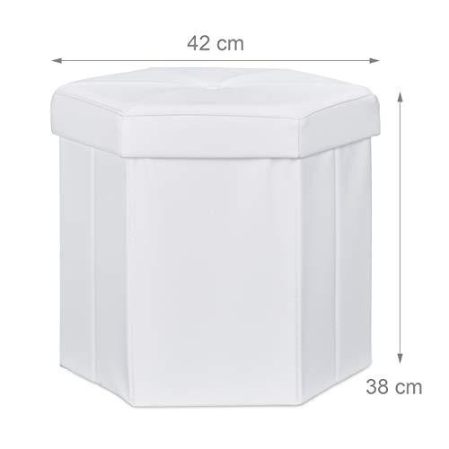 Relaxdays Faltbarer Sitzhocker sechseckig mit Stauraum und Deckel zum Abnehmen HBT: 38 x 42 x 42 cm Sitzwürfel aus Kunstleder Hocker zum Falten und Verstauen Sitzbank und Sitzgelegenheit, weiß - 5