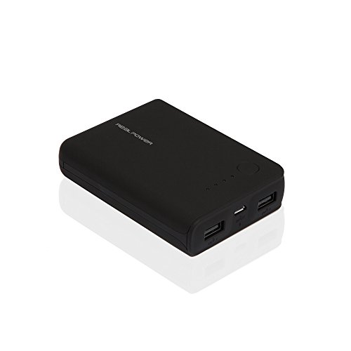 RealPower PB-10k externer kompakter Akku Batterie Handy Ladegerät Powerbank 10.000 mAh für iPhone, iPad, Samsung Galaxy und weitere Smartphones (black)