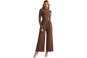 Sukiglam Mono Mujer Manga Larga Cuello en Tortuga Jumpsuit Elegante Pantalones de Pierna Ancha con Bolsillos Informal Monos de Una Pieza con Cremallera Moda Enterizo Otoño de Ceremonia Cóctel Salir