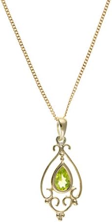 9ct Yellow Gold Victorian Design Natural Peridot Pear Drop Pendant &amp; 18" Gold Chain - Made in England