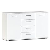 In Verbindung mit dem aktuellen Design sorgt das Sideboard für eine moderne Optik. Die Griffe und Füße der Kommode sind silberfarben