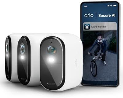 Arlo Essential 3 XL Telecamera WiFi Esterno Senza Fili, 2K, Telecamera WiFi Interno, Batteria Da 24 Mesi*, Sirena Allarme Casa, Sensore Di Movimento, Prova Inclusa Secure, 3 Telecamere, Bianche