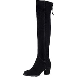 rismart Mujer Rodilla Alta Tacón Grueso Ante Cuero Moda Botas SN021106(Negro,EU40)