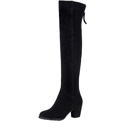 rismart Mujer Rodilla Alta Tacón Grueso Ante Cuero Moda Botas SN021106(Negro,EU40)