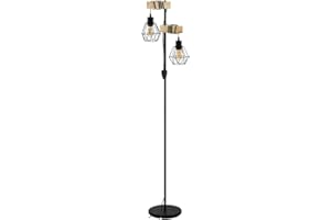EGLO Lampadaire Townshend 5, lampe de sol pour salon avec 2 abat-jour au design industriel, luminaire sur pied en acier noir et bois naturel, E27, avec interrupteur