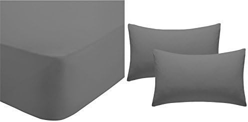 CHARCOAL GREY COTTON BLEND DOUBLE FITTED SHEET &amp; HOUSEWIFE PILLOWCASES
