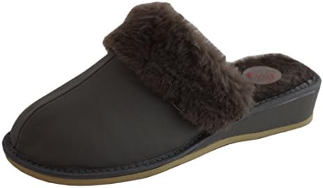 Womens Soft Calf Leather Sheep's Fur Lined Slippers Mules (7, Grey)