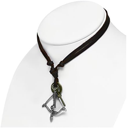 Fashion Alloy 3-Tone Cross Bow Arrow Archery Tag Charm Adjustable Brown Leather Necklace